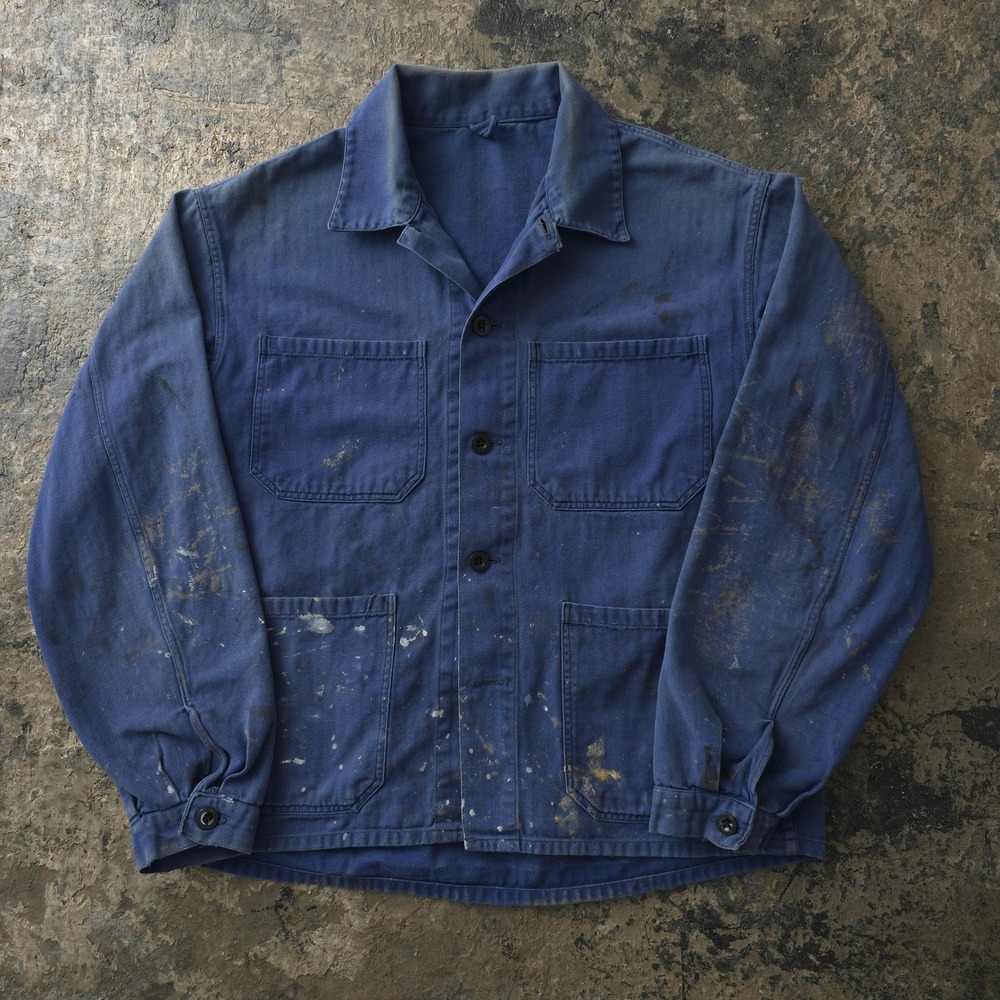Vintage 1970s Blue HBT Chore Jacket M Distressed Made in Germany